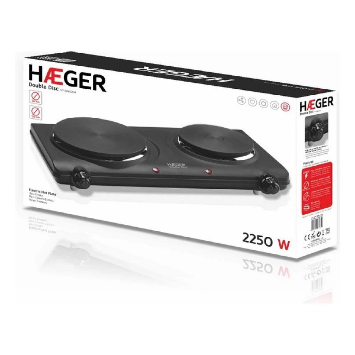 Plaque Électrique Haeger Double Disc Noir 2 Feux à Gaz 2250W – Image 2